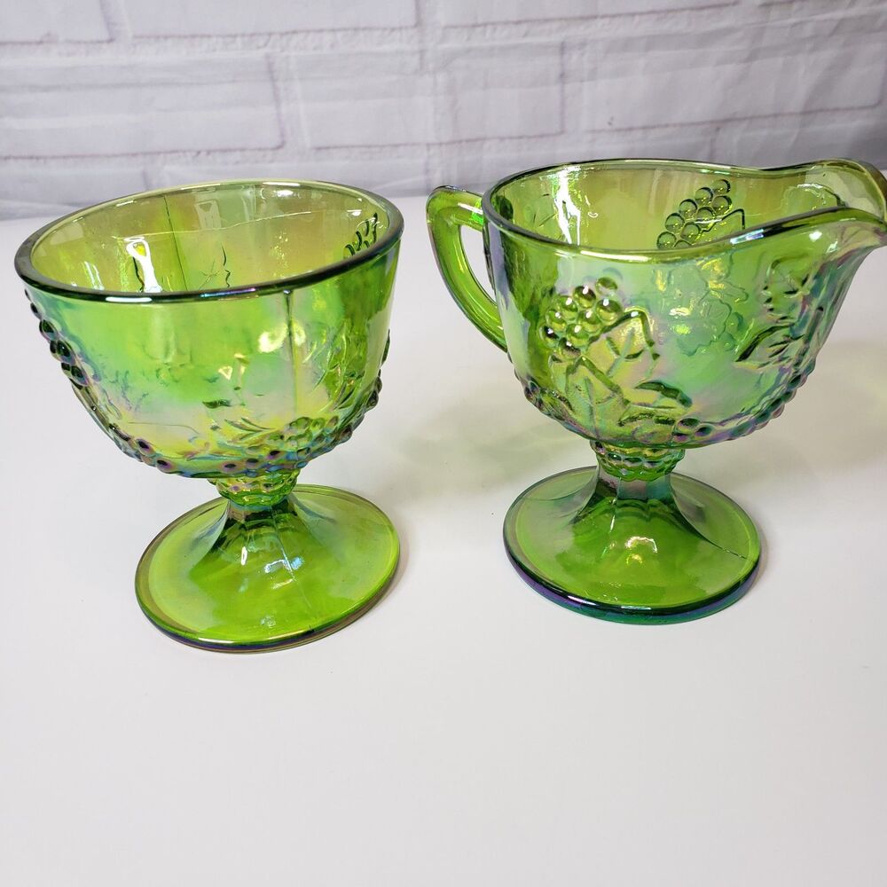Vintage Indiana Glass Harvest Grape Lime Green Carnival Creamer & Sugar Set
